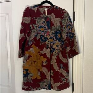 Uncle Frank Red Floral Button Front Jacket with Blue & Mustard Accents